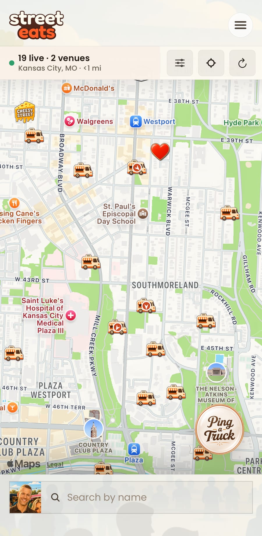 Street Eats launch map with live trucks and Ping-a-Truck in Kansas City