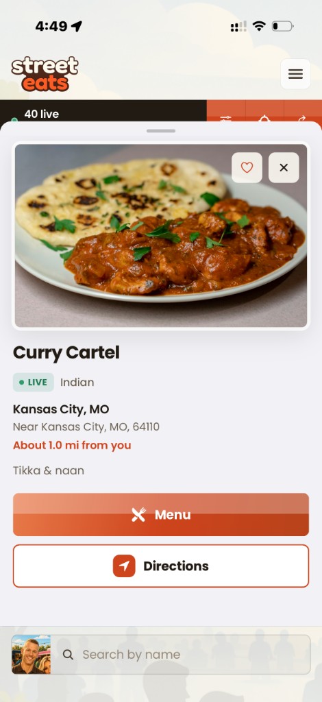 Street Eats launch vendor tile with menu and directions